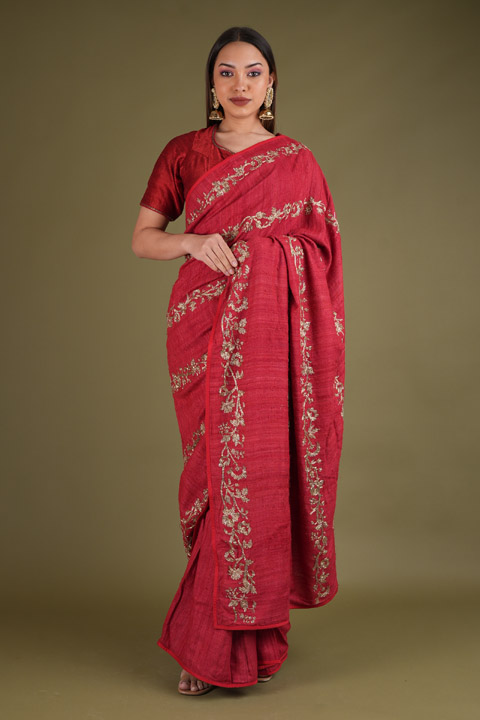 Red Zari Work Saree