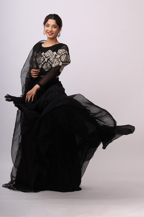 Black Gathered Lehenga Set