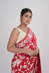 Off White Scallop Blouse And Red SareeADL00545