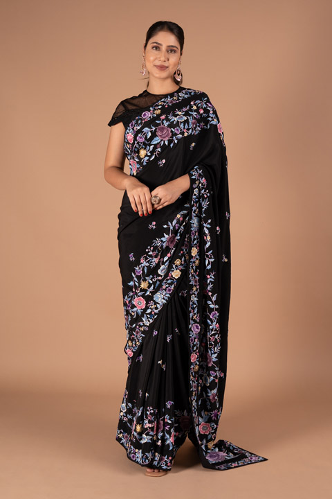 Multi Color Embroidered Black Saree