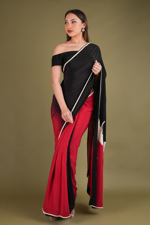 Off white Embroidery In Red Black Saree