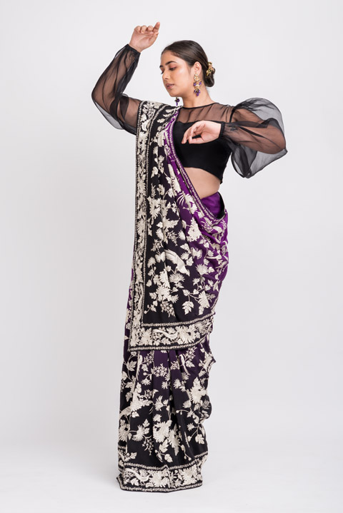 Embroidered Black Purple Saree Blouse Set