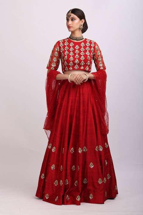 Red Leaf Motif Embellished Lehenga