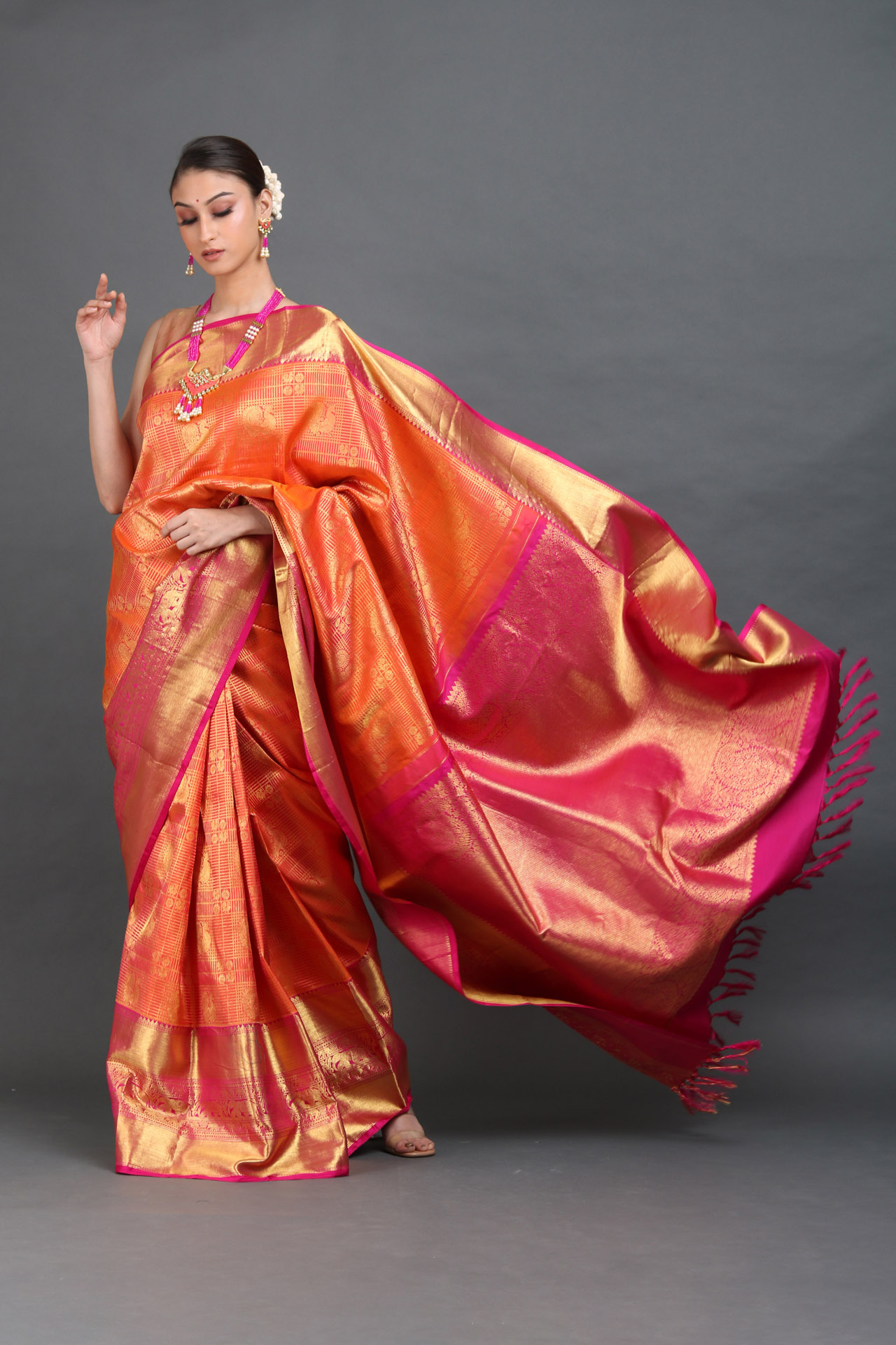 ORANGE AND PINK SILK SAREE