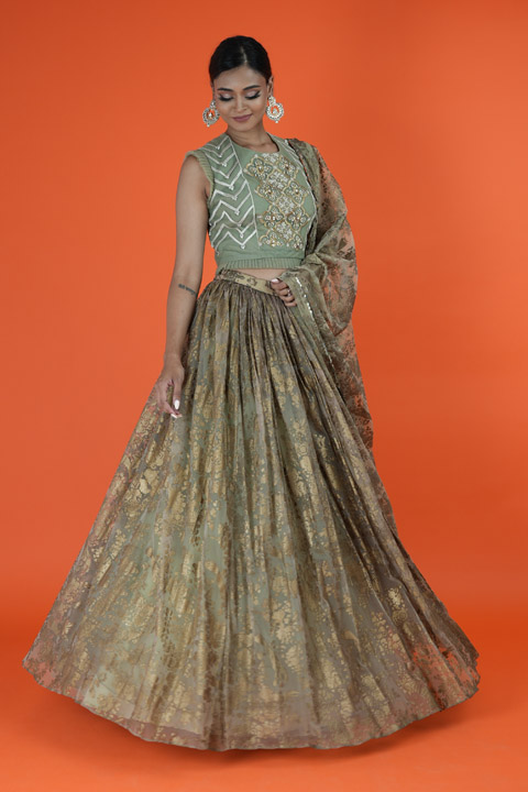 Green Gold Foil Printed Lehenga