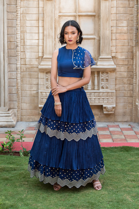 Navy Blue Tiered Skirt And A Crop Top