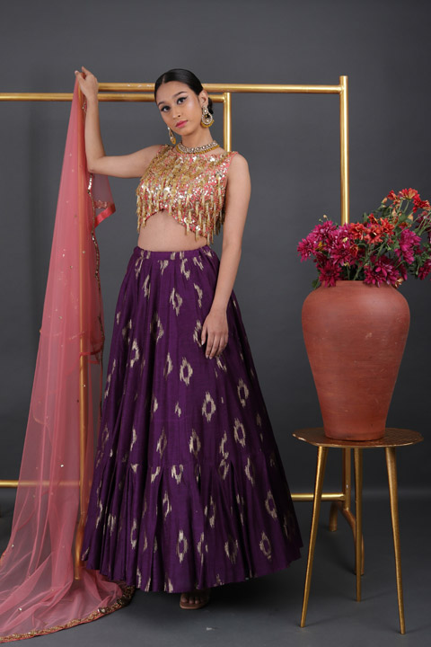 Purple Foil Print Lehenga Set