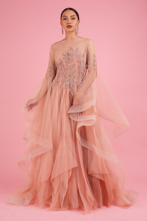 Peach Ruffle Sleeve Gown