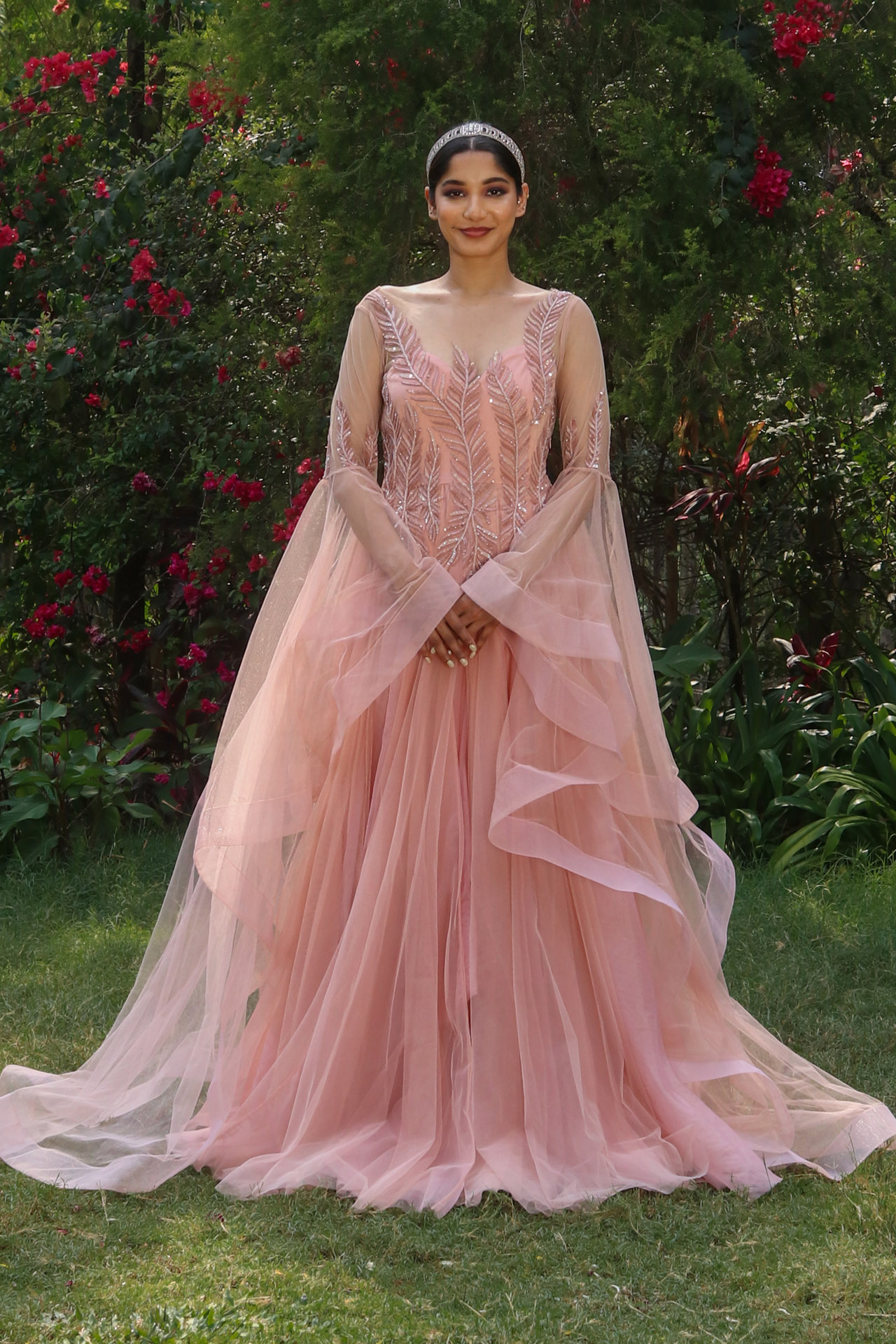 PEACH RUFFLE SLEEVE GOWN