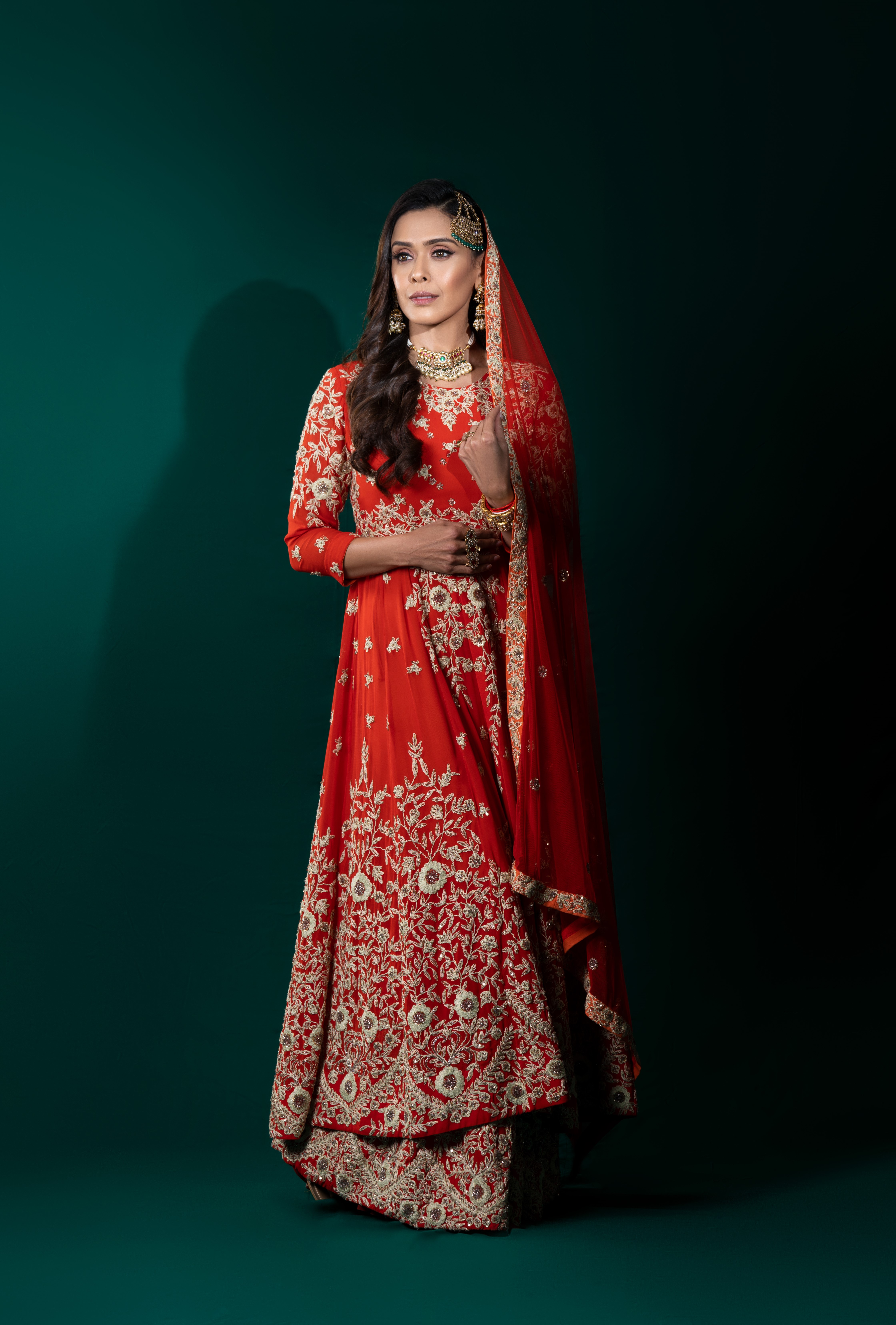 Red Chiffon Kalidaar