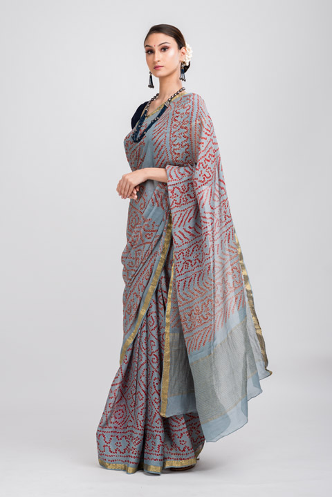 Grey Bandhej Zari Border Saree