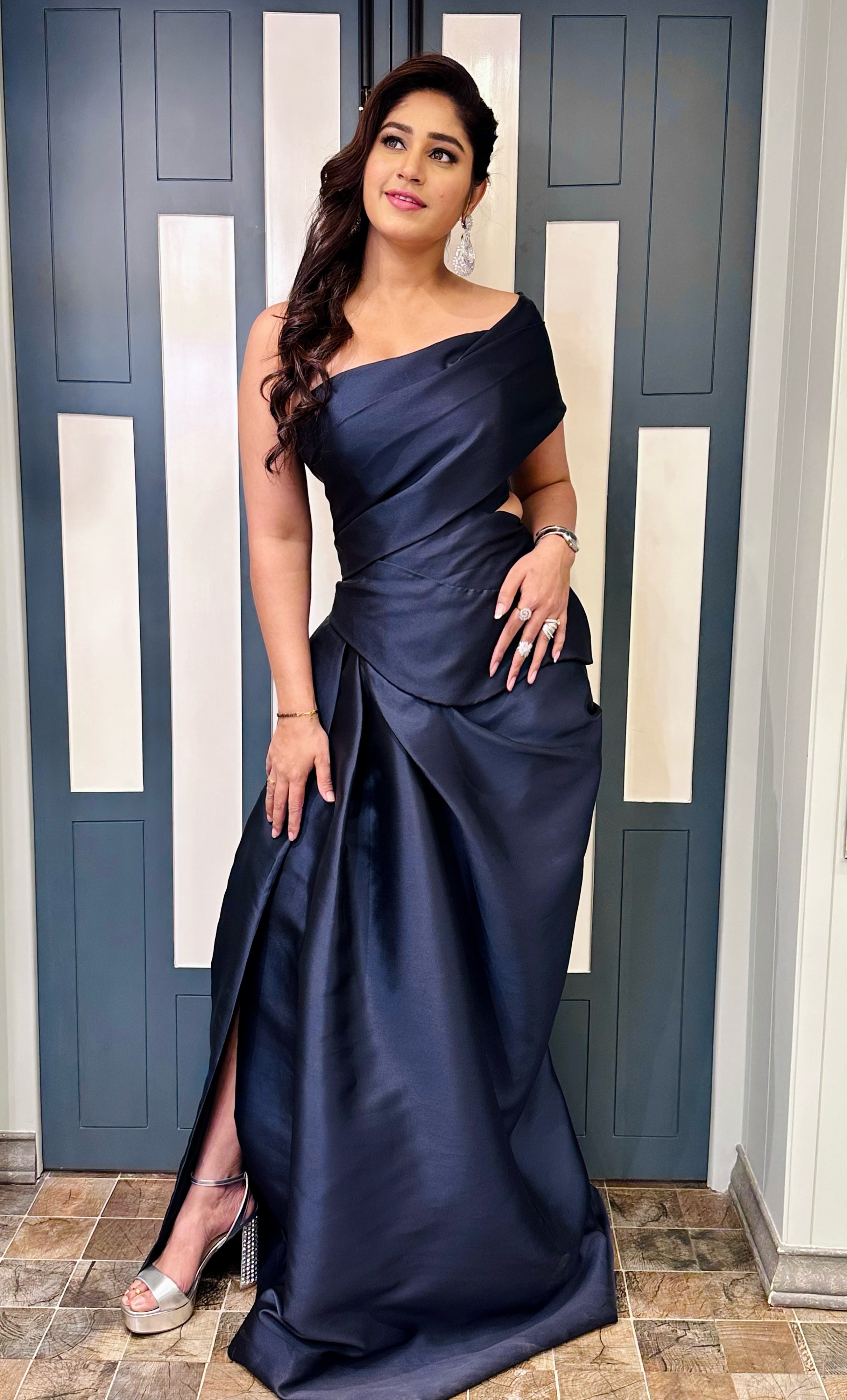 Navy Blue One Shoulder Gown