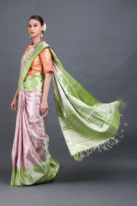 Light Pink And Green Silk Saree