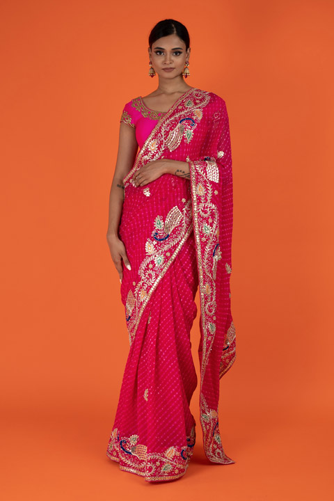 Pink Peacock Gota Bhandej Saree