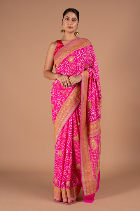 Pink Paisley Border Bandhej Saree