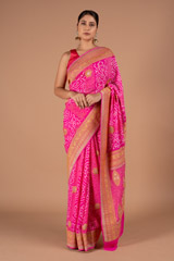 Pink Paisley Border Bandhej SareeDSC00907