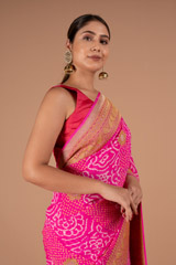 Pink Paisley Border Bandhej SareeDSC00910