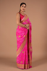 Pink Paisley Border Bandhej SareeDSC00912