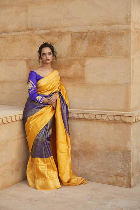 Yellow And Blue Silk Saree