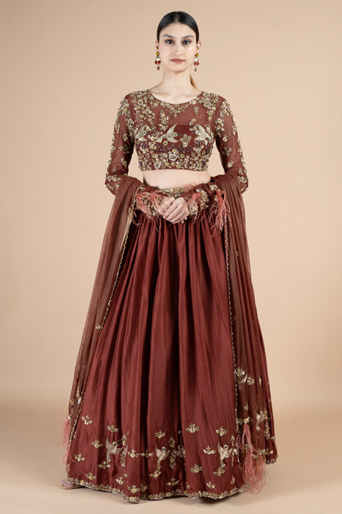 Currant Red Feather Lehenga