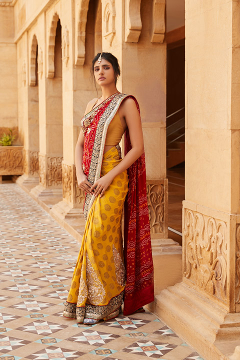 Red And Yellow Gota Bandhej Saree