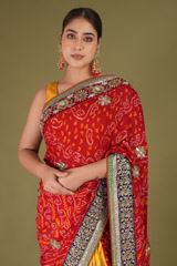 Red And Yellow Gota Bandhej SareeDSC05390