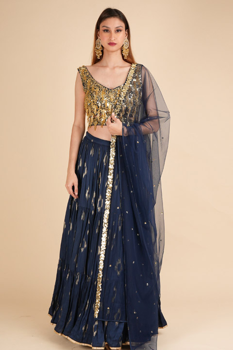 3 Tier Navy Blue Lehenga