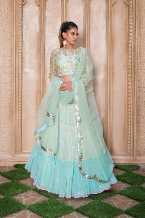 3 Tier Mint Gather Lehenga