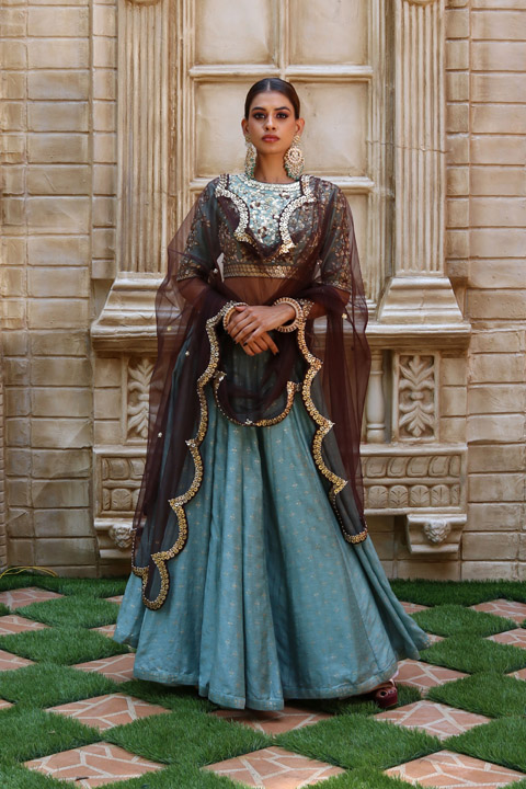 Mint Foil Printed Kali Lehenga