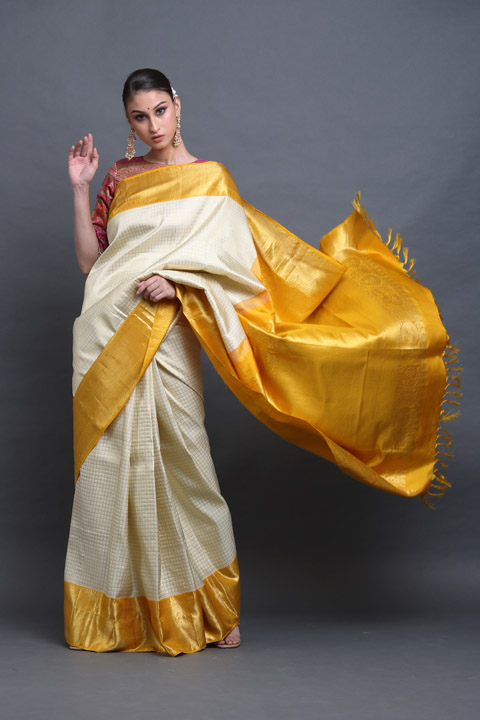 Cream Checkered Silk Saree