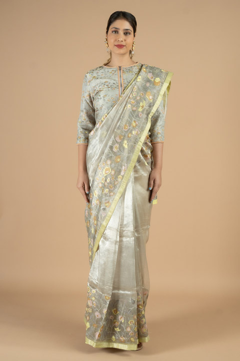 Flower Embroidered Tissue Saree Blouse Set