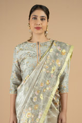 Flower Embroidered Tissue Saree Blouse SetDSC09857