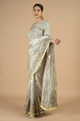 Flower Embroidered Tissue Saree Blouse SetDSC09863