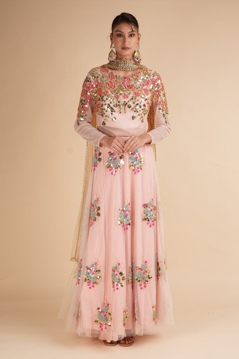 Blush Net Lehenga with Mirror