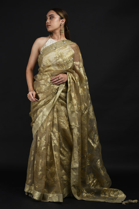 Gold Printed Saree Set