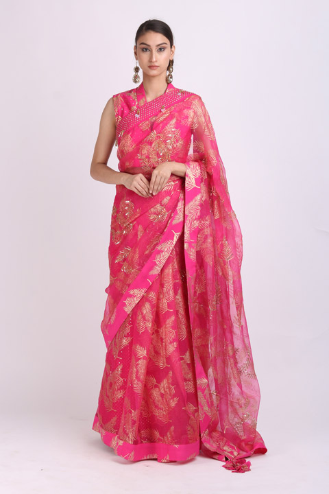Pink Leaf Printed Saree Set