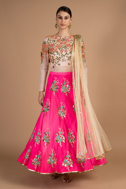 Pink Bead And Acrylic Work Lehenga