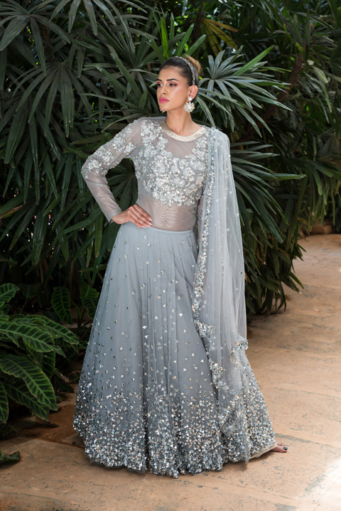 Silver Sequin And Mirror Lehenga