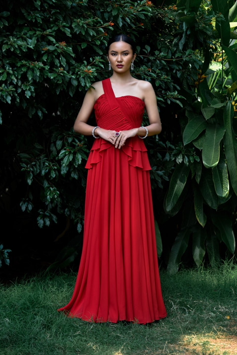 Red Draped Peplum Gown