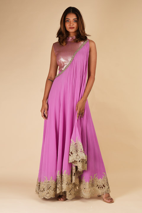 Pink Shimmer Asymmetric Kurta Set