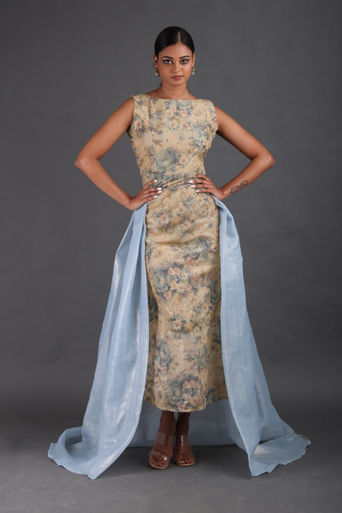 Gold Floral Gown With A Trail