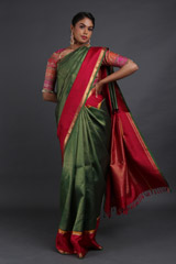 Green Silk Saree With Red Border