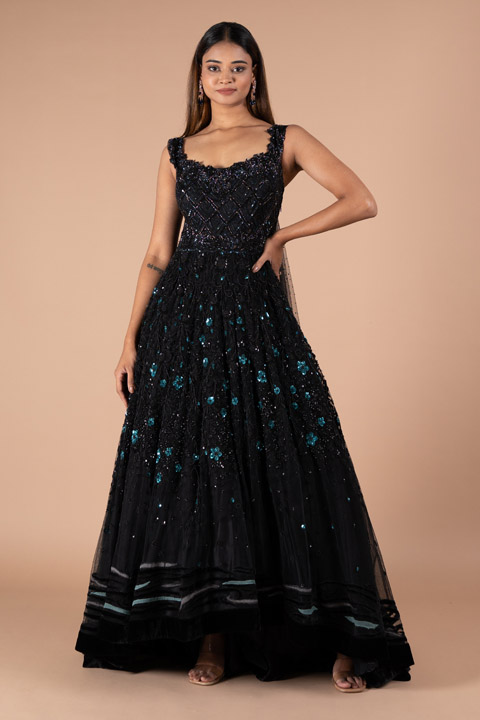 Black and Teal Off-Shoulder Kalidar