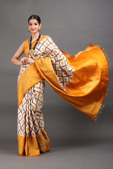 Ivory And Yellow Silk Saree