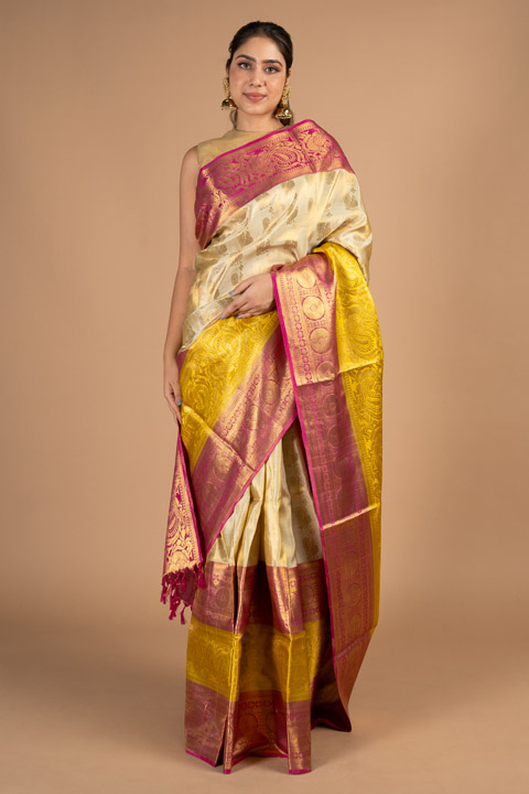 Gold Saree with Pink Border