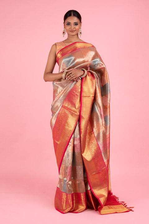 Pink and Golden Silk Saree