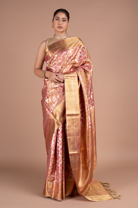 Coral And Golden Silk Saree