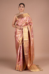Coral And Golden Silk Saree