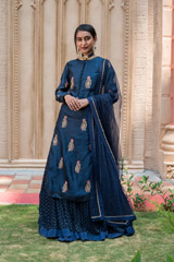 Blue Zardozi Silk Kurta Lehenga