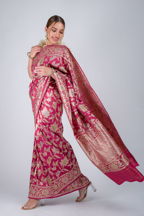 Pink Floral Banarasi Saree